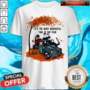 Halloween Horror Characters Riding Car It's The Most Wonderful Time Of The Year Leaves Tree Shirt