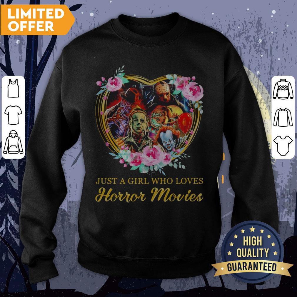 Halloween Just A Girl Who Loves Horror Movies Flowers Heart Shirt - Image 4