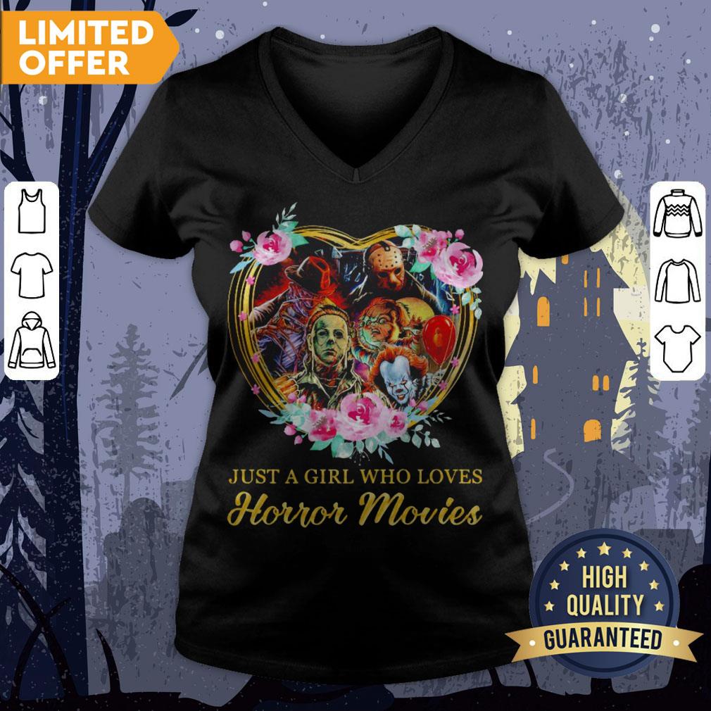 Halloween Just A Girl Who Loves Horror Movies Flowers Heart Shirt - Image 3