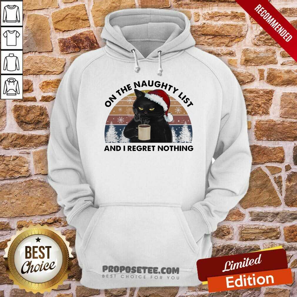 Happy Black Cat Santa Drinking Coffee On The Naughty List And I Regret Nothing Retro Vintage Shirt - Image 2