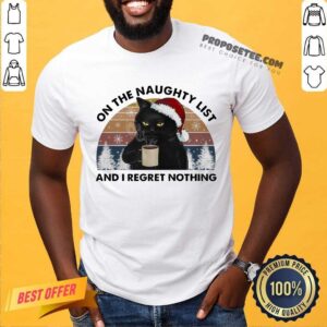 Happy Black Cat Santa Drinking Coffee On The Naughty List And I Regret Nothing Retro Vintage Shirt