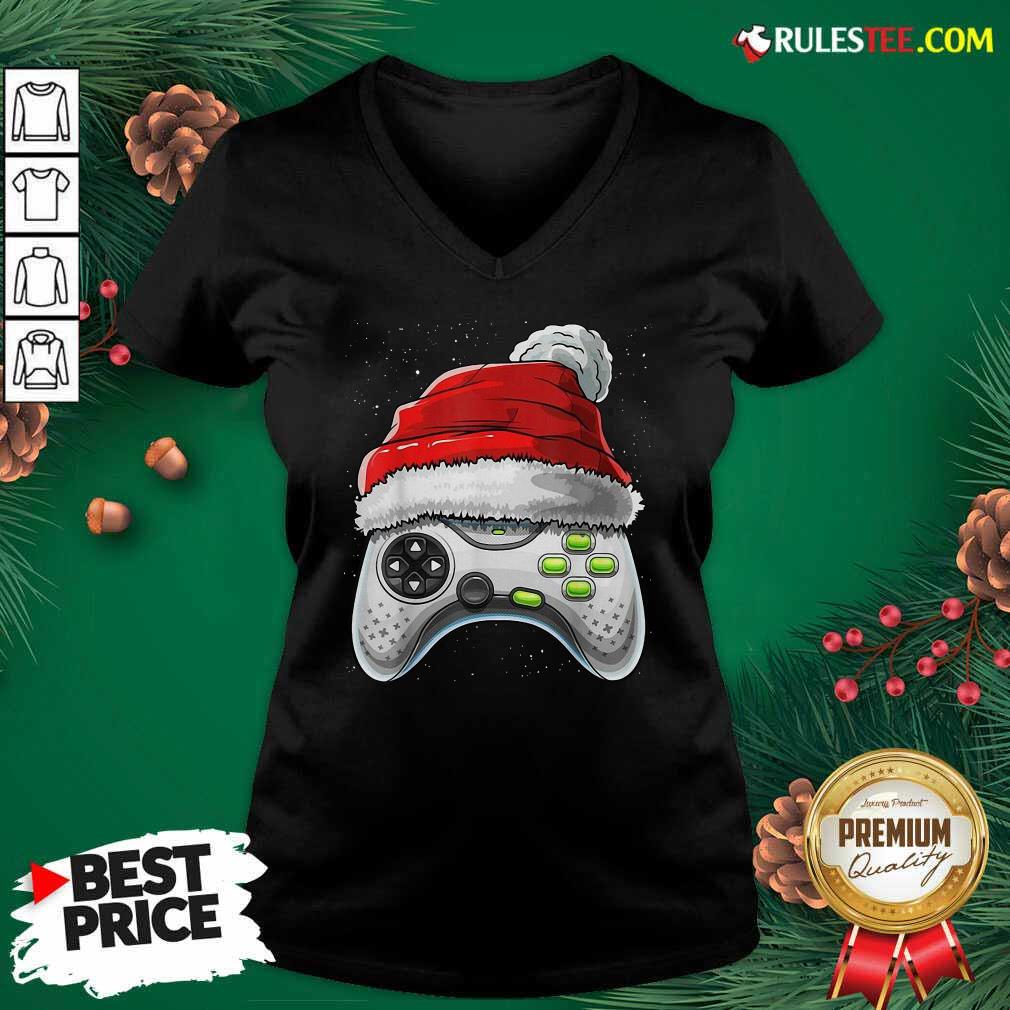 Happy Video Game Controller Santa Hat Christmas Shirt - Image 3