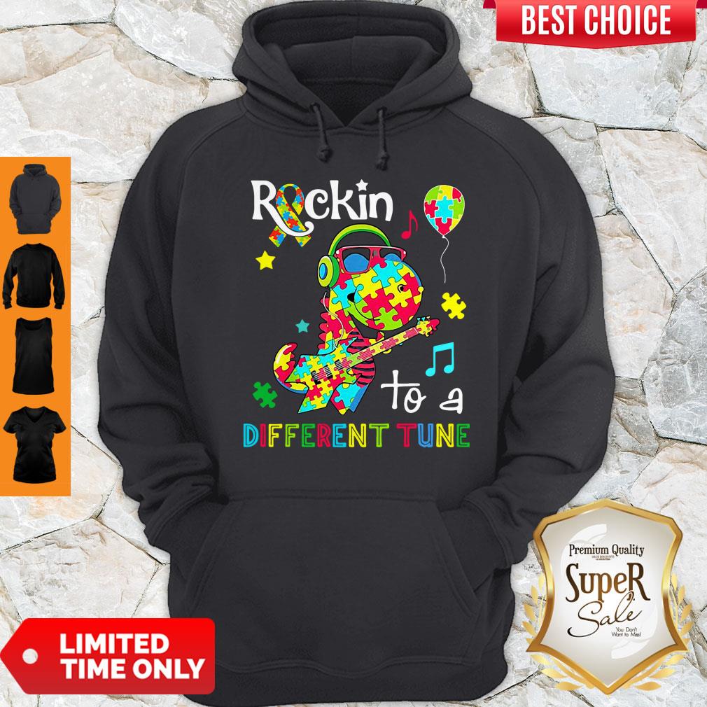 Official Dinosaur T Rex Rockin To A Different Tune Autism Awareness Shirt - Image 5