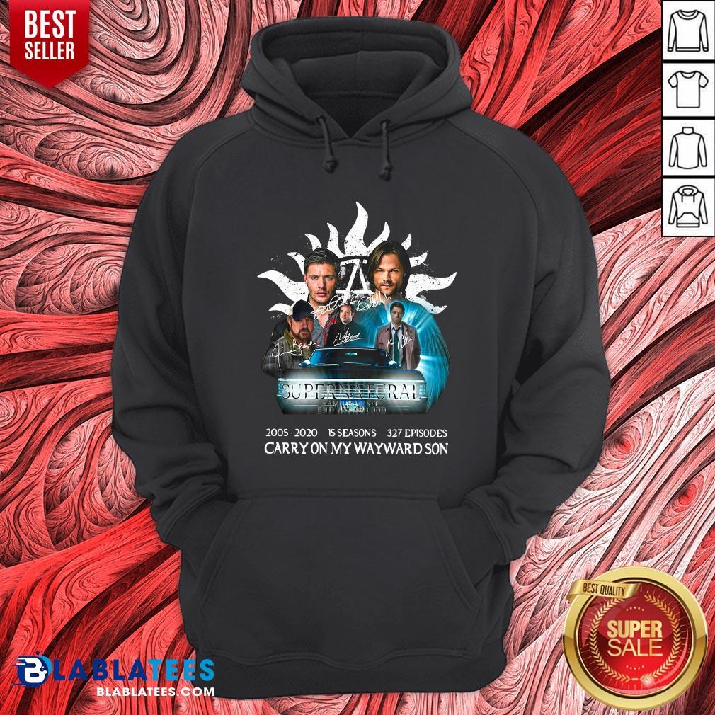 Hot Supernatural 2005 2020 15 Seasons 327 Episodes Carry On My Wayward Son Signatures Shirt - Image 5