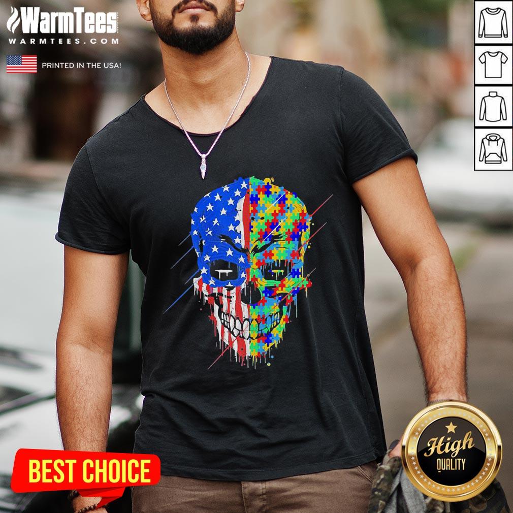 Hot Buy Spooky Skull Autism Awareness US Flag American Support Shirt - Image 3