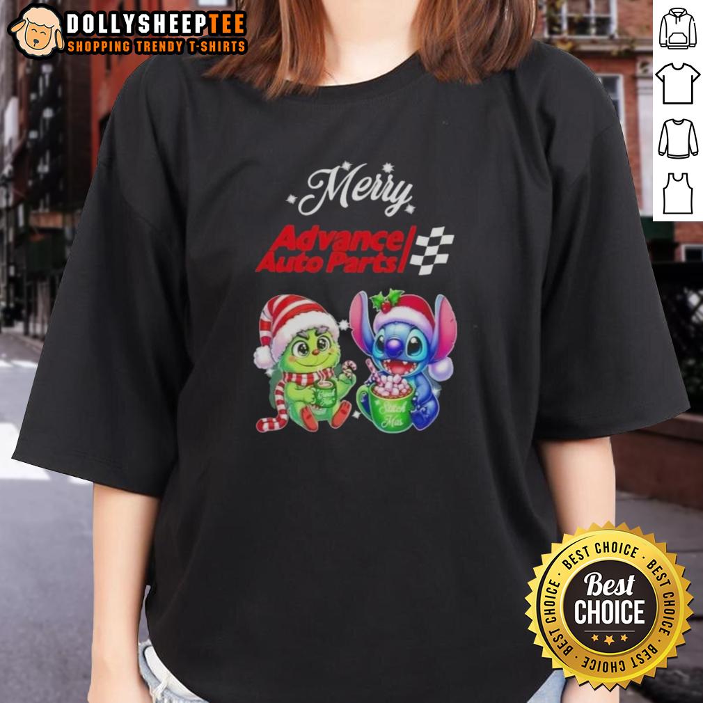 Happy Grinch And Stitch X Advance Auto Parts Merry Christmas T-Shirt - Image 2