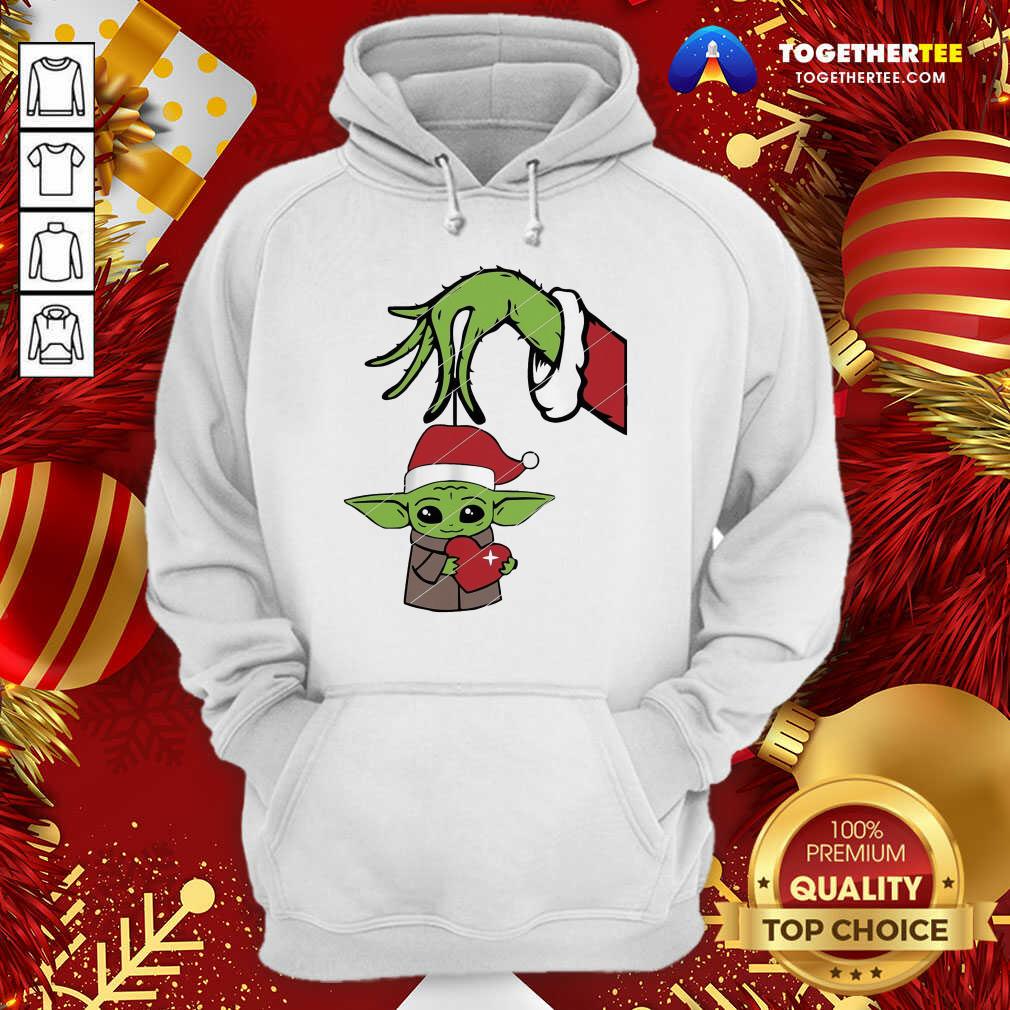 Great Grinch Hand Holding Baby Yoda Hug Heart Shirt - Image 5