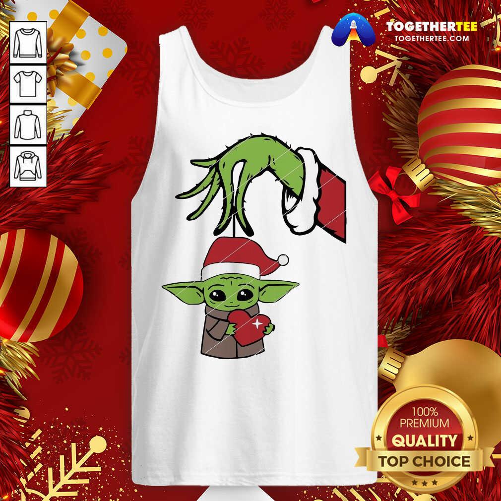 Great Grinch Hand Holding Baby Yoda Hug Heart Shirt - Image 3