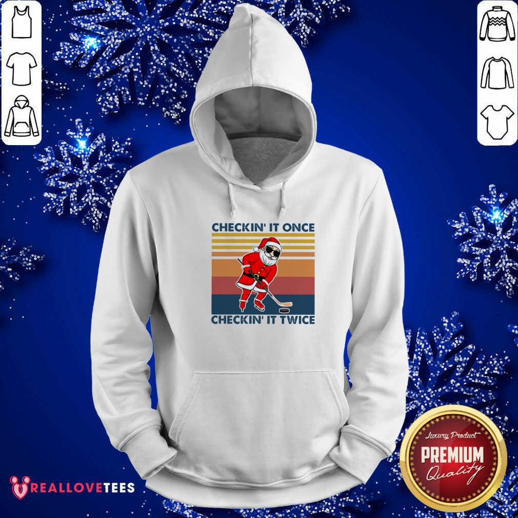 So Santa Claus Play Hockey Checking It Once Checking It Twice Vintage Retro Shirt - Image 4