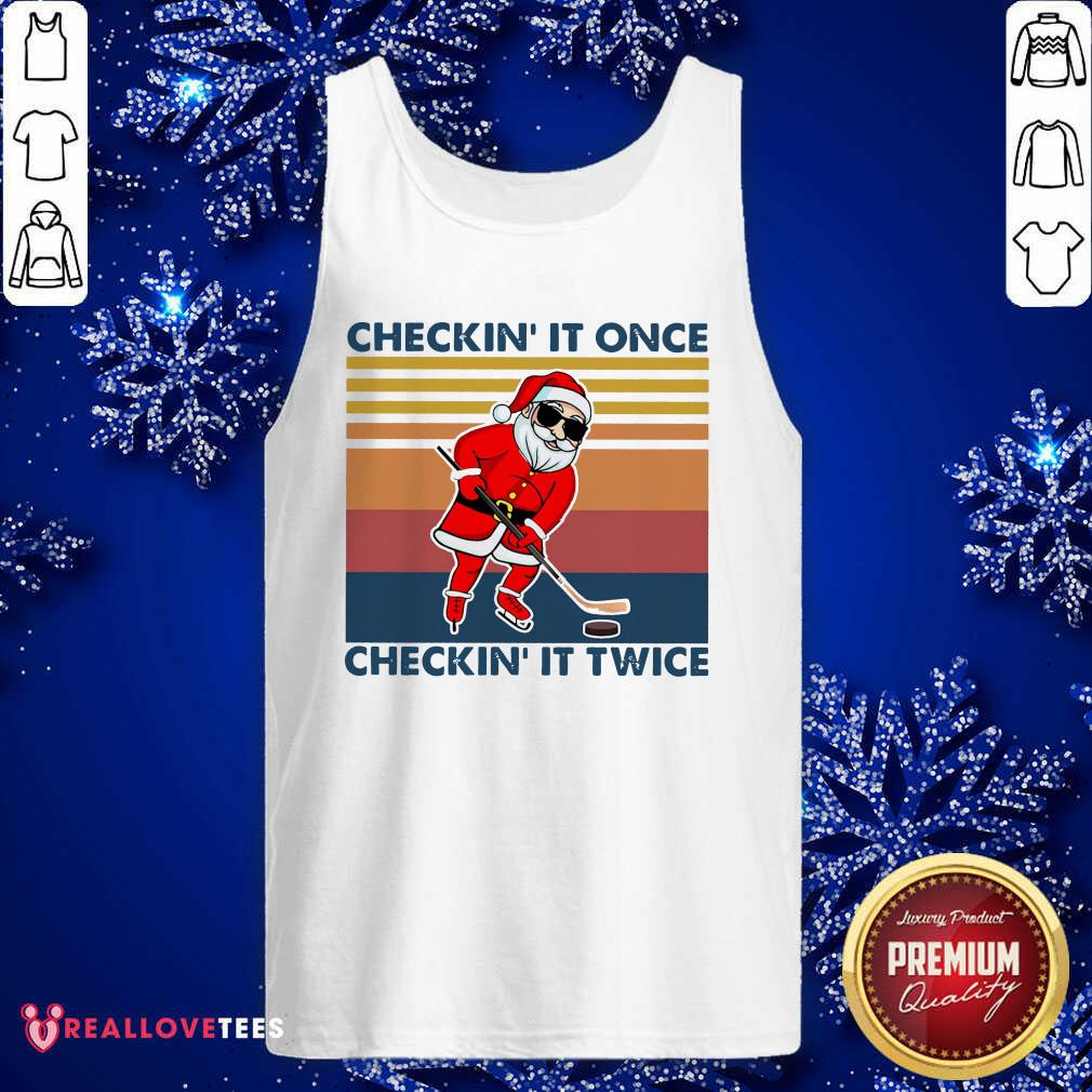 So Santa Claus Play Hockey Checking It Once Checking It Twice Vintage Retro Shirt - Image 2