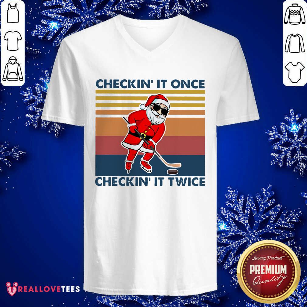 So Santa Claus Play Hockey Checking It Once Checking It Twice Vintage Retro Shirt - Image 5