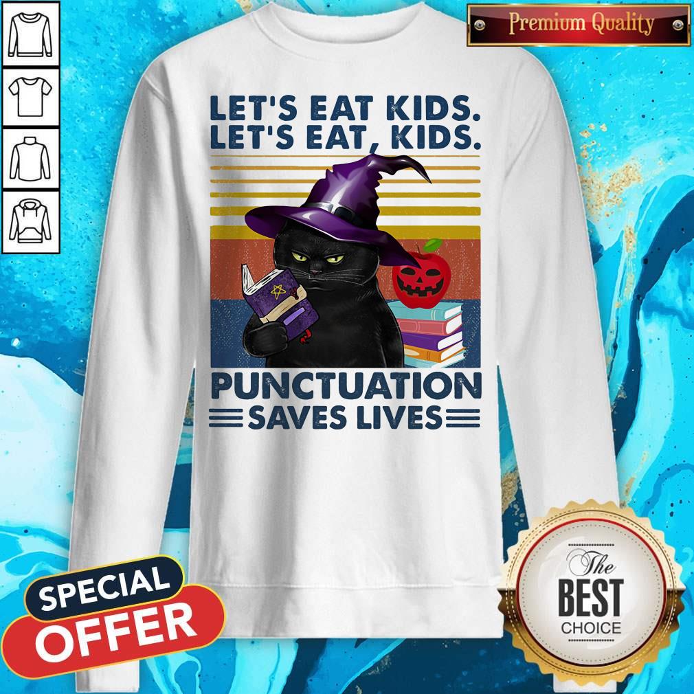 Black Cat Let's Eat Kids Let'S Eat Kids Punctuation Saves Lives Shirt - Image 4