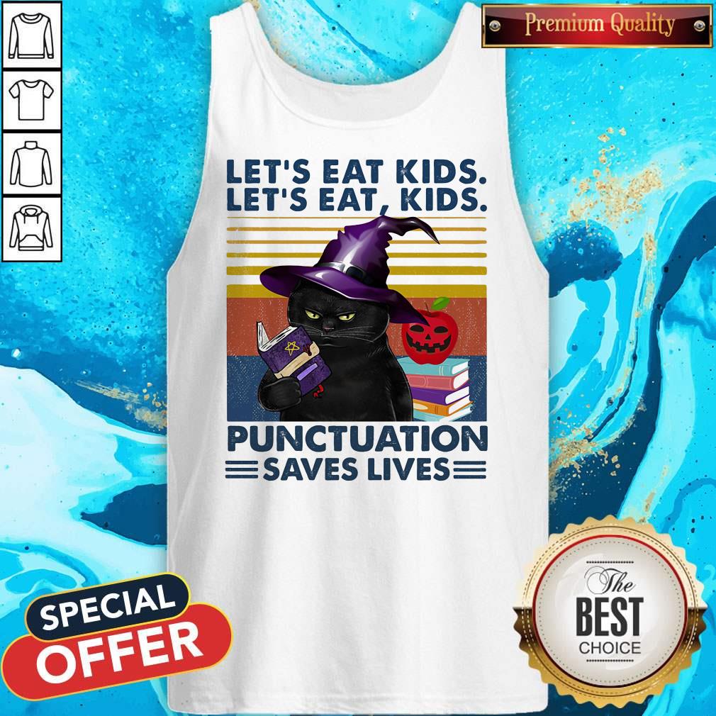 Black Cat Let's Eat Kids Let'S Eat Kids Punctuation Saves Lives Shirt - Image 3