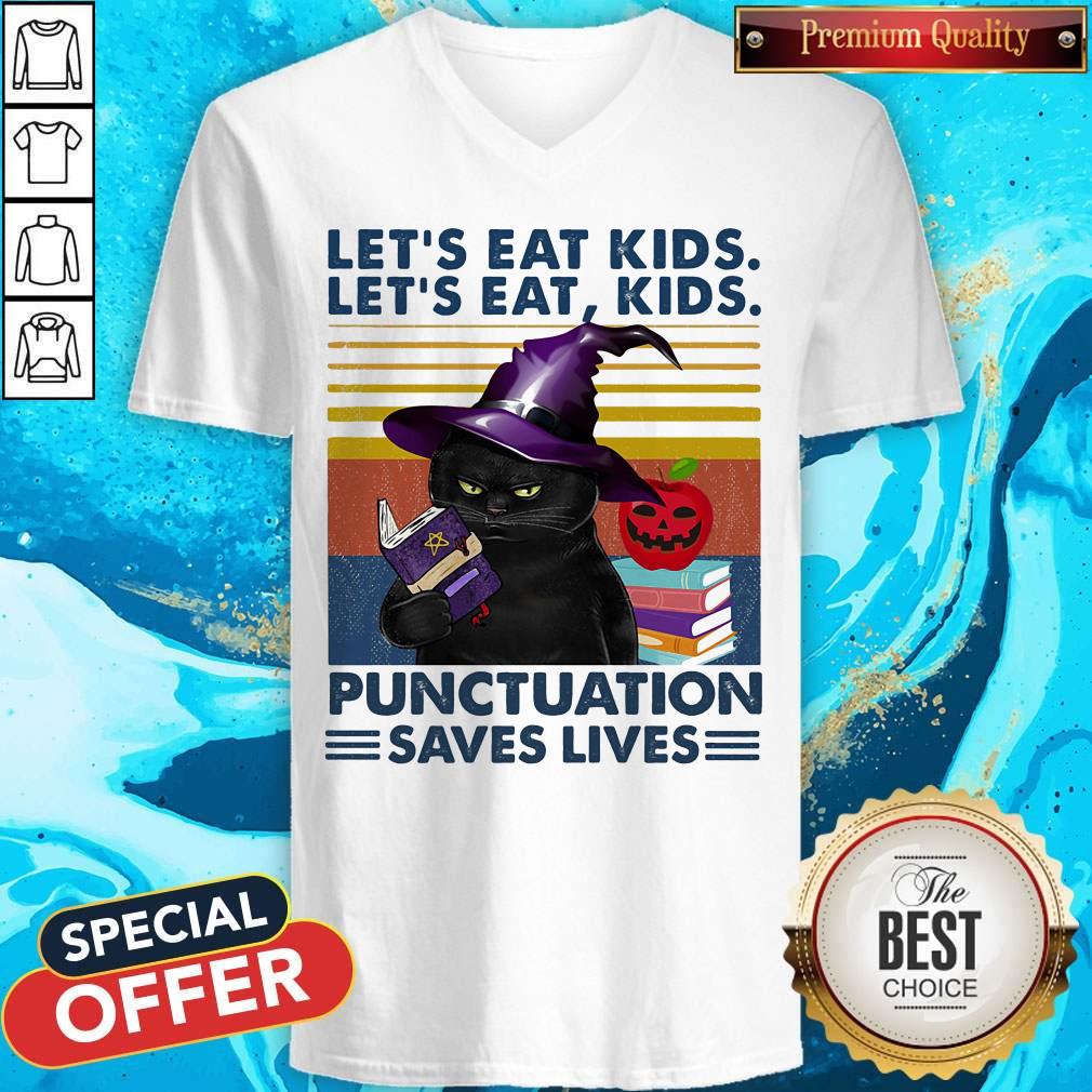 Black Cat Let's Eat Kids Let'S Eat Kids Punctuation Saves Lives Shirt - Image 2