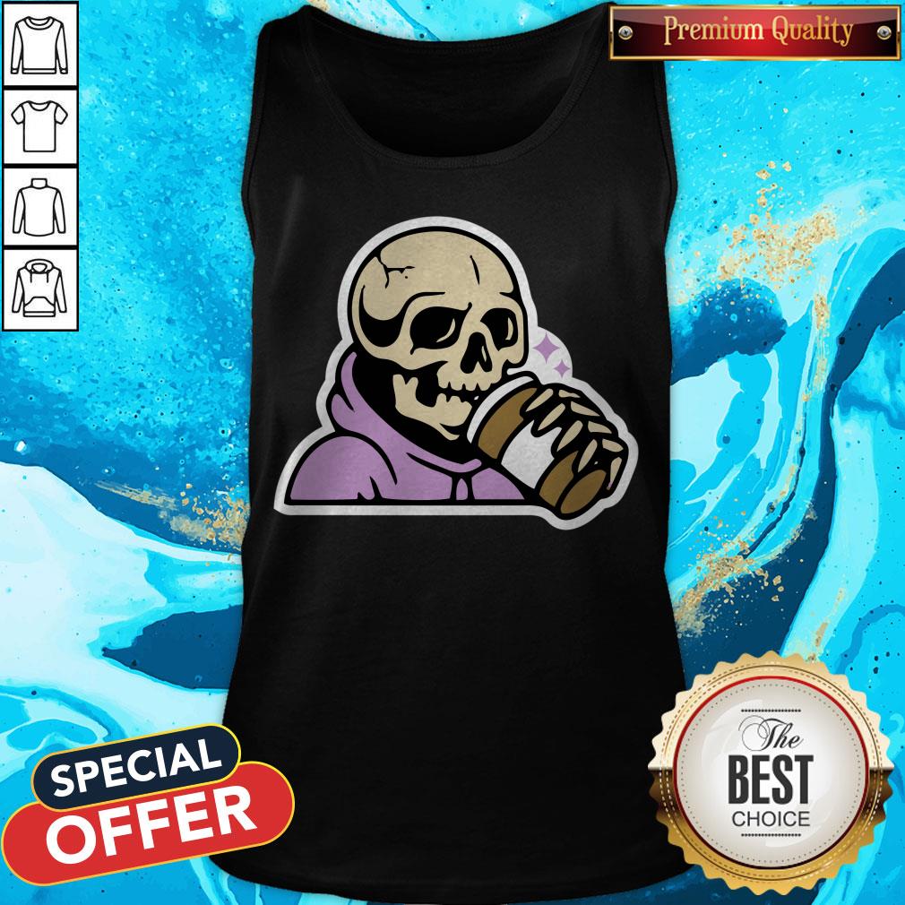 Happy Halloween Coffee Drinking Skeleton Shirt - Image 3