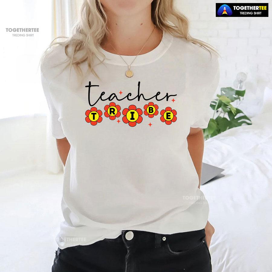 Teacher Tribe Orange Flowers Back To School T-Shirt - Image 3