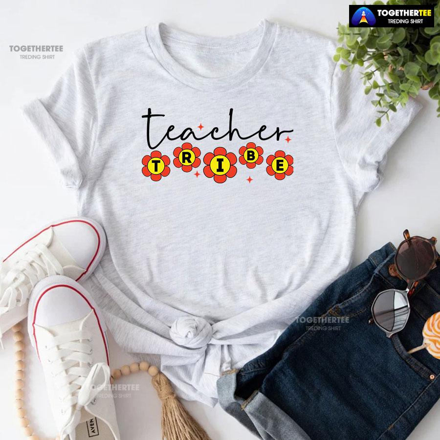 Teacher Tribe Orange Flowers Back To School T-Shirt - Image 5