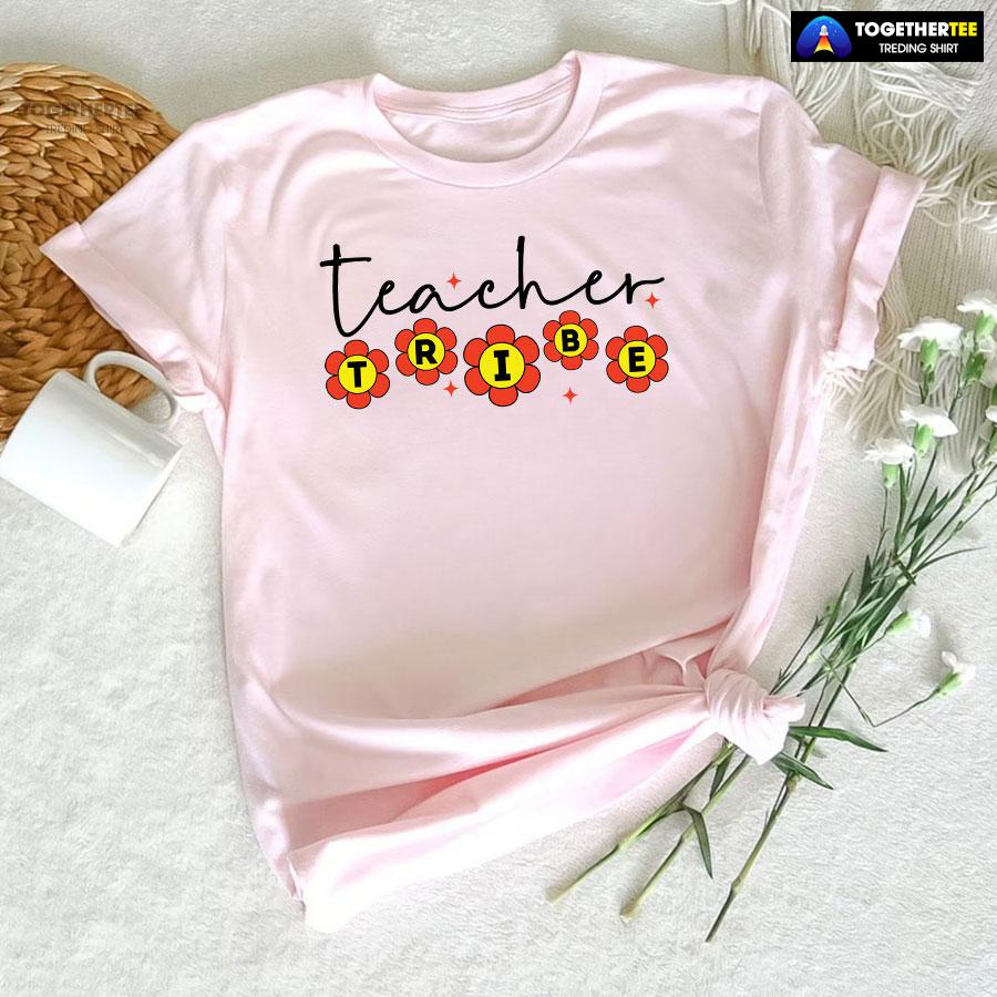 Teacher Tribe Orange Flowers Back To School T-Shirt - Image 6