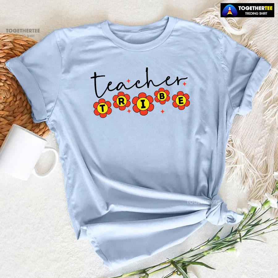 Teacher Tribe Orange Flowers Back To School T-Shirt - Image 7