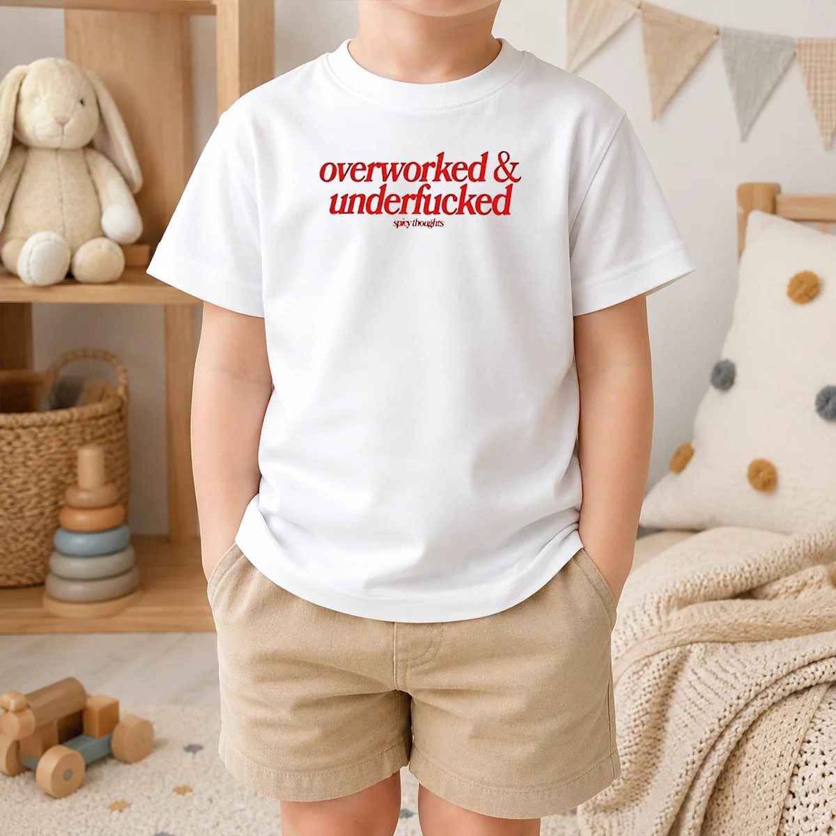 Premium Overworked And Underfcked Spicy Thoughts Text Print Funny Sarcastic Quote Shirt - Image 9