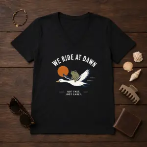 Alternative view of Awesome We Ride At Dawn Not Fast Just Early Duck Frog Shirt
