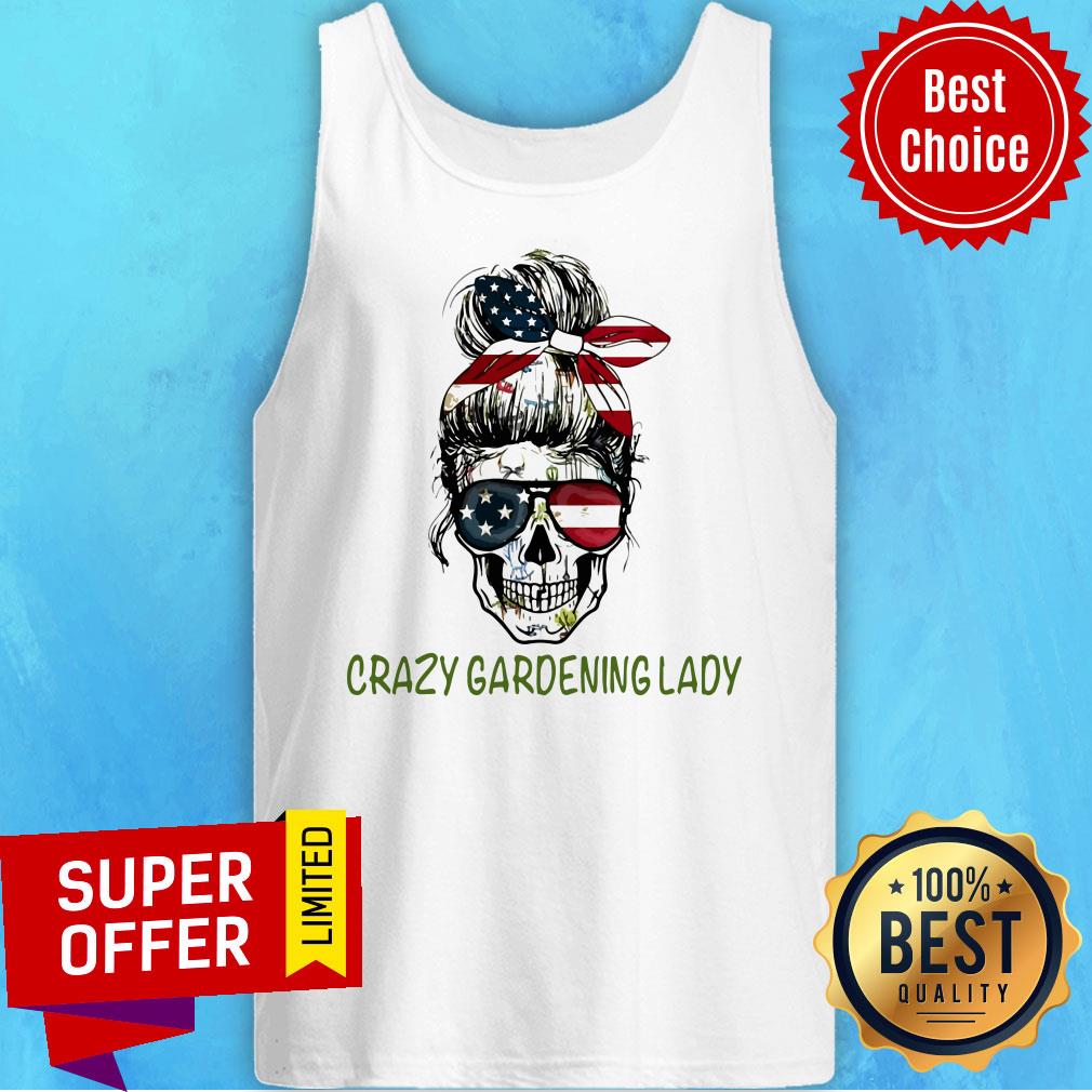 Funny Skull Girl Bandana Sunglasses American Flag Crazy Gardening Lady Shirt - Image 5
