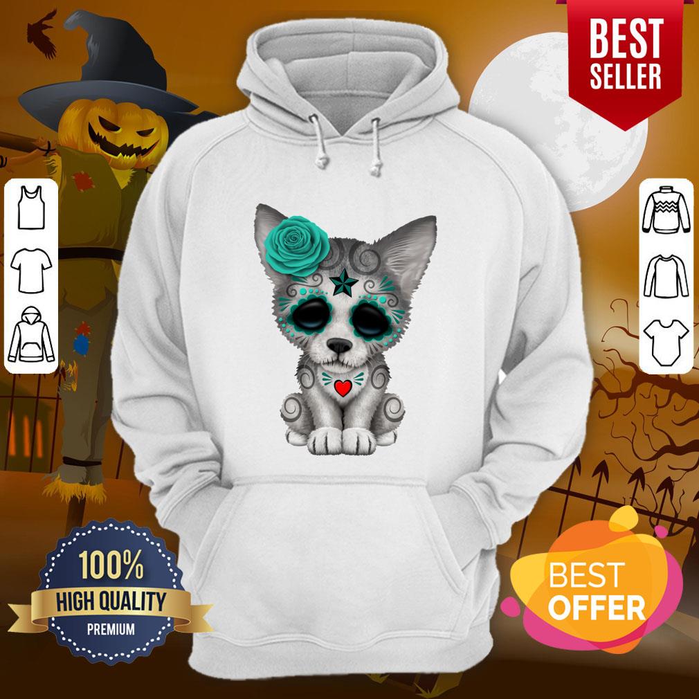 Blue Day Of The Dead Sugar Skull Wolf Cub Shirt - Image 5