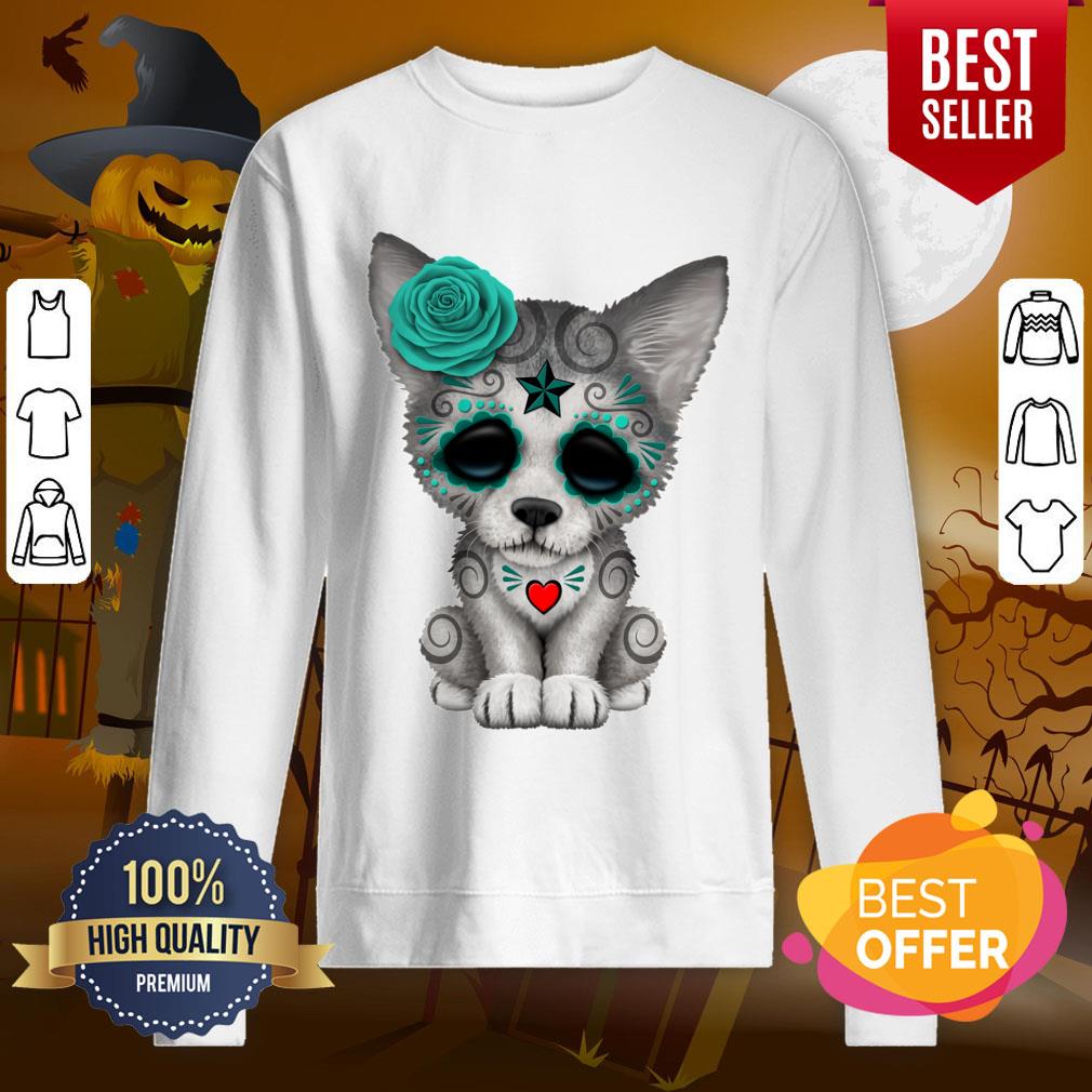 Blue Day Of The Dead Sugar Skull Wolf Cub Shirt - Image 4