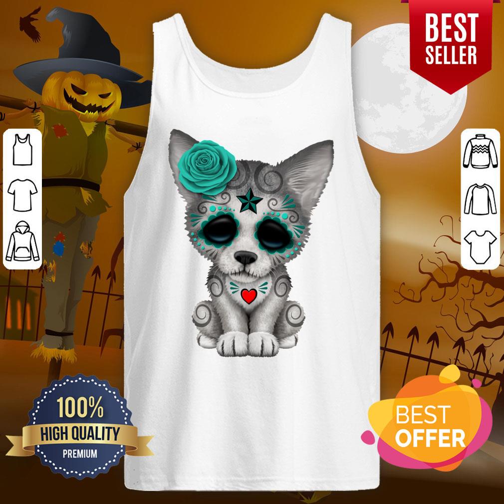 Blue Day Of The Dead Sugar Skull Wolf Cub Shirt - Image 3
