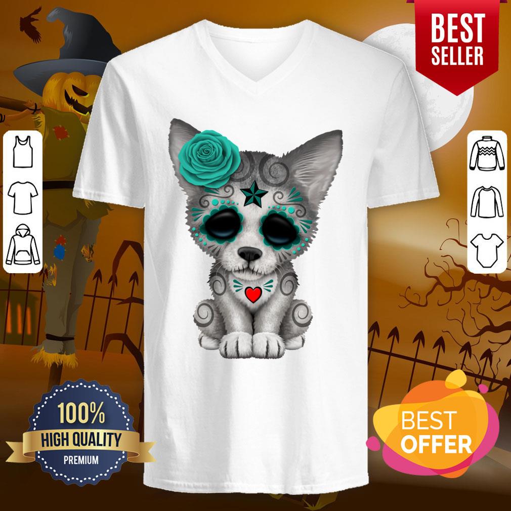 Blue Day Of The Dead Sugar Skull Wolf Cub Shirt - Image 2