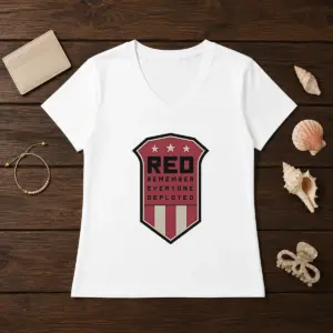 Alternative view of Nice Red Remember Everyone Deployed Military Support Shield Shirt