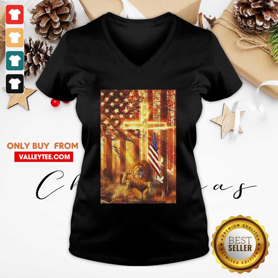 Lion And Lamb In The Forest American Flag Shirt - Image 3