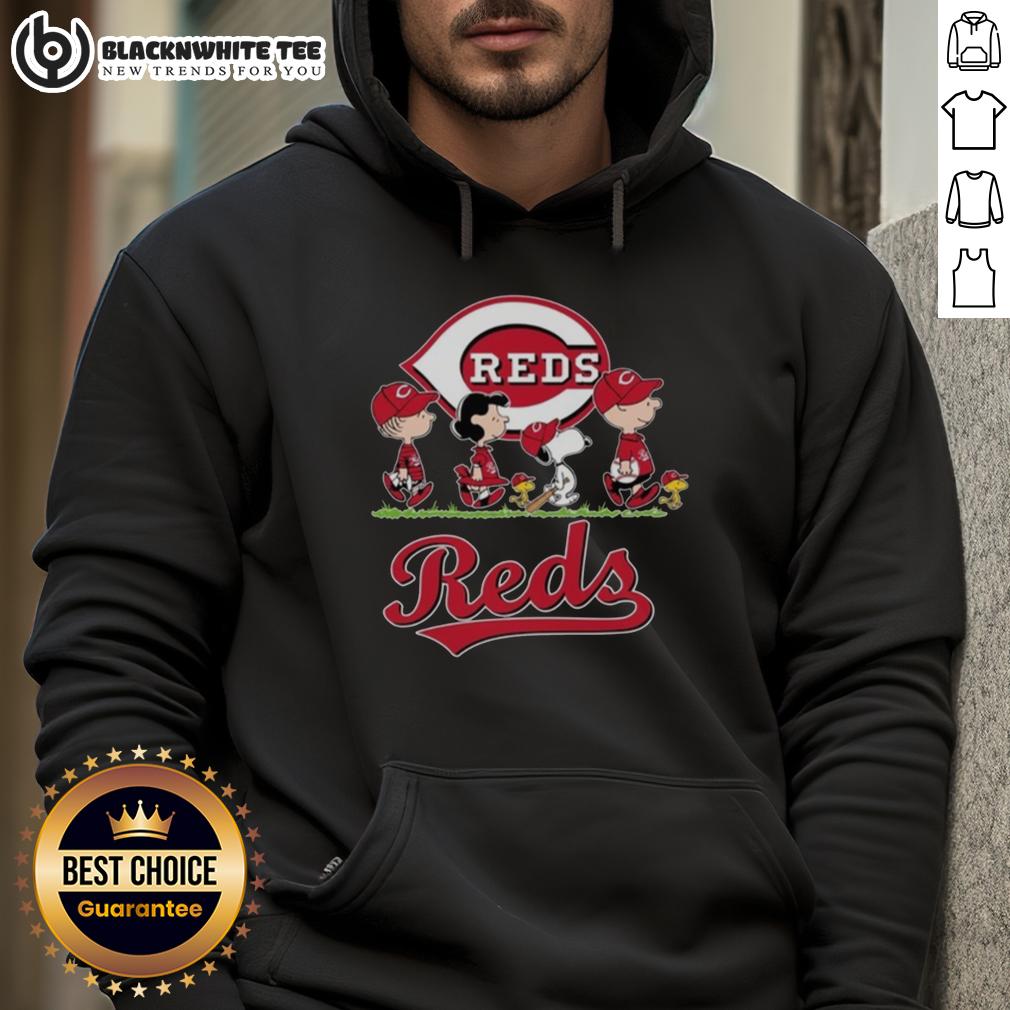 Cute Snoopy Charlie Brown Linus And Lucy Wearing Cincinnati Reds Baseball Jersey T-Shirt - Image 2