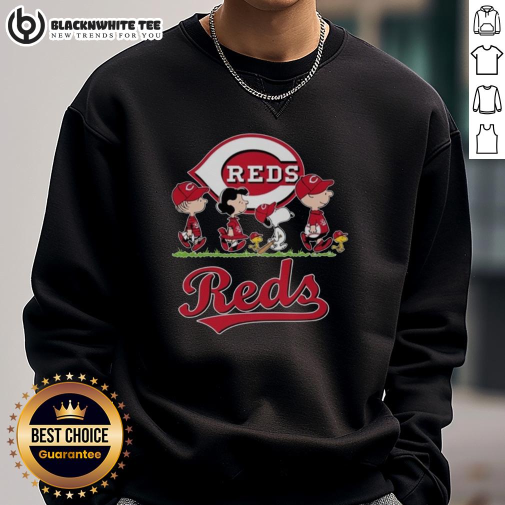 Cute Snoopy Charlie Brown Linus And Lucy Wearing Cincinnati Reds Baseball Jersey T-Shirt - Image 5