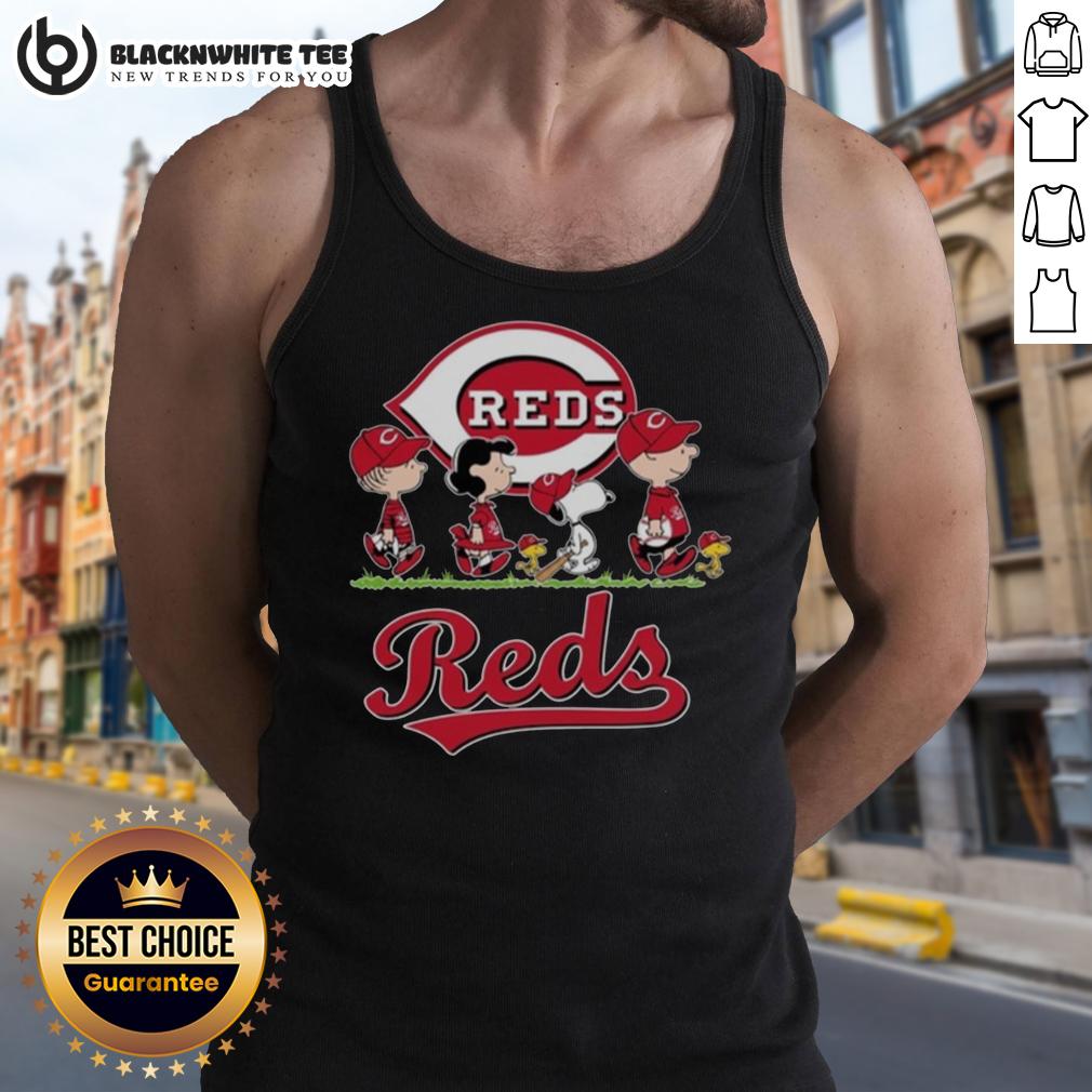 Cute Snoopy Charlie Brown Linus And Lucy Wearing Cincinnati Reds Baseball Jersey T-Shirt - Image 4