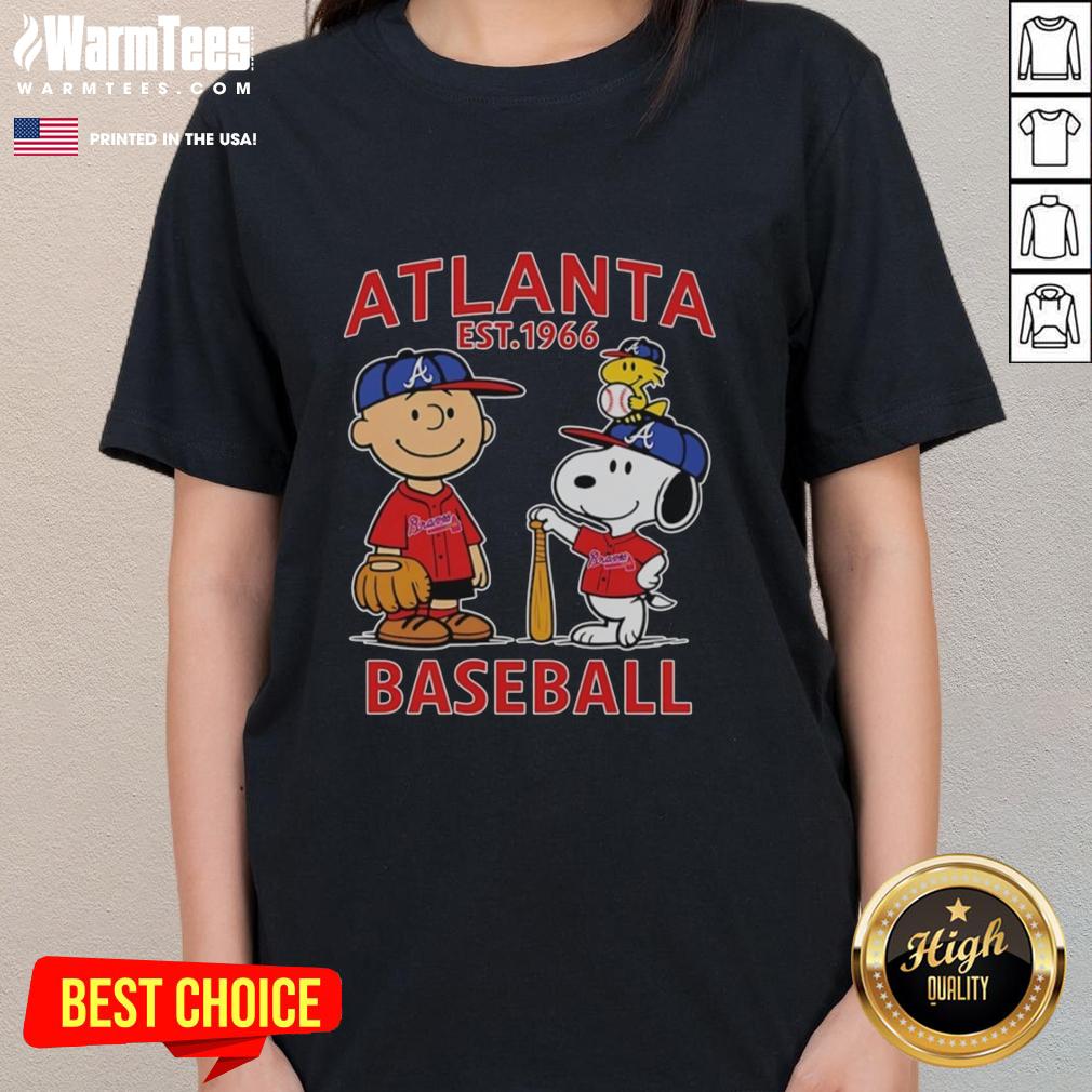 Cute Charlie Brown Snoopy And Woodstock With Atlanta Braves Baseball Jersey Est 1961 T-Shirt - Image 3