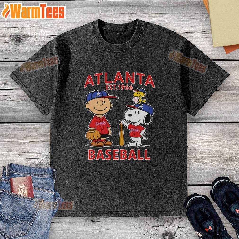 Cute Charlie Brown Snoopy And Woodstock With Atlanta Braves Baseball Jersey Est 1961 T-Shirt - Image 6