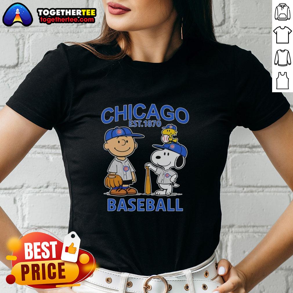 Top Charlie Brown Snoopy And Woodstock With Chicago Cubs Baseball Jersey Est 1870 T-Shirt - Image 3