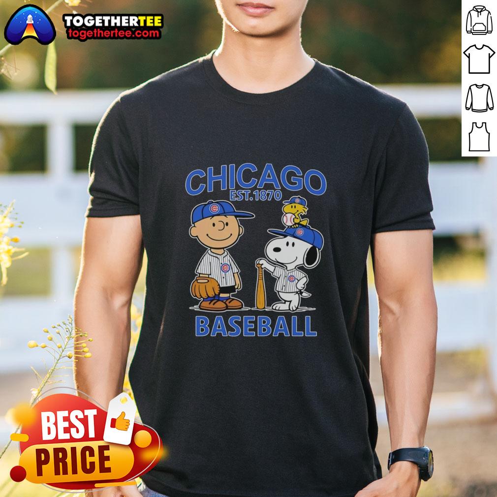 Top Charlie Brown Snoopy And Woodstock With Chicago Cubs Baseball Jersey Est 1870 T-Shirt