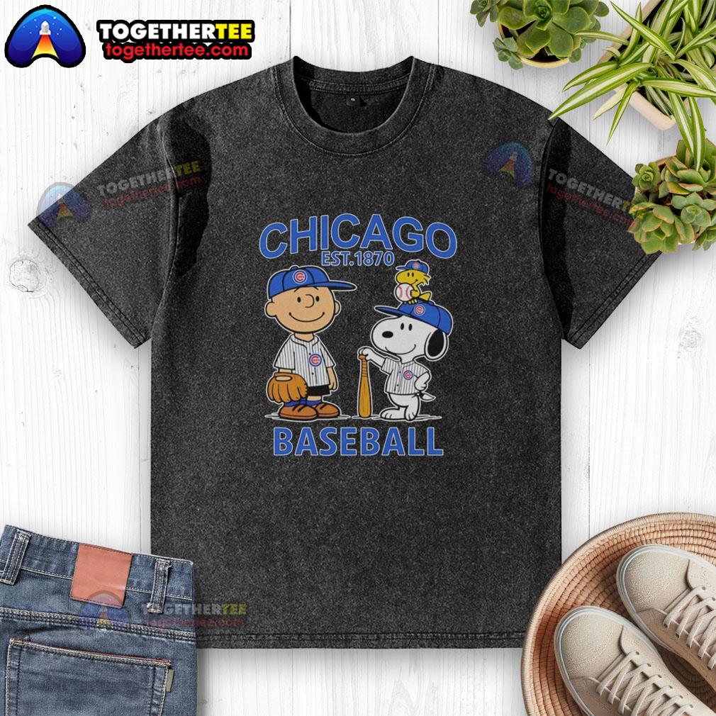 Top Charlie Brown Snoopy And Woodstock With Chicago Cubs Baseball Jersey Est 1870 T-Shirt - Image 6