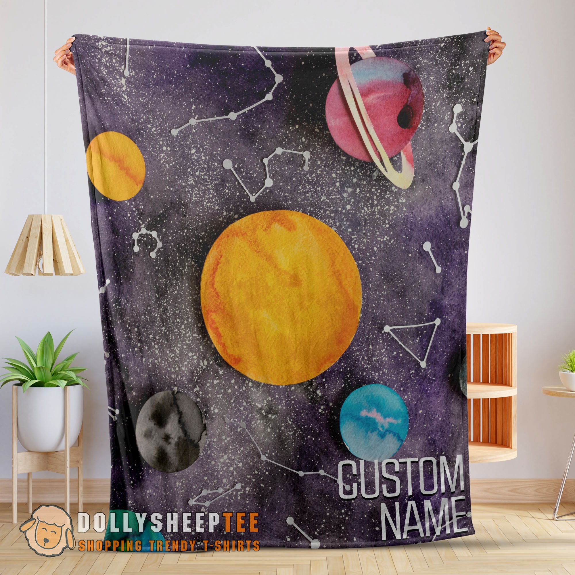 Official Top Outer Space Galaxy Watercolor Planets & Stars Blanket Fleece Customized Blanket