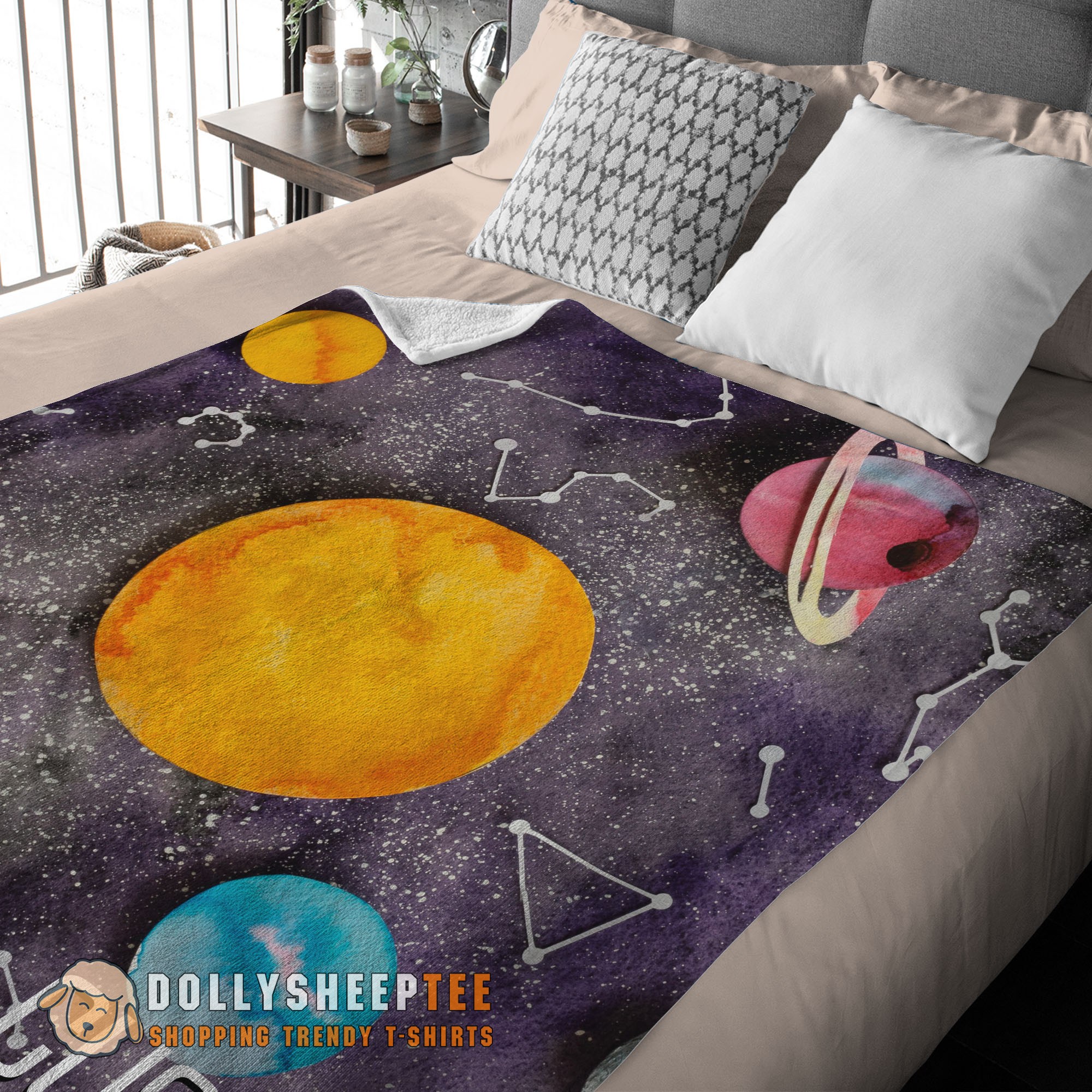Official Top Outer Space Galaxy Watercolor Planets & Stars Blanket Fleece Customized Blanket - Image 3