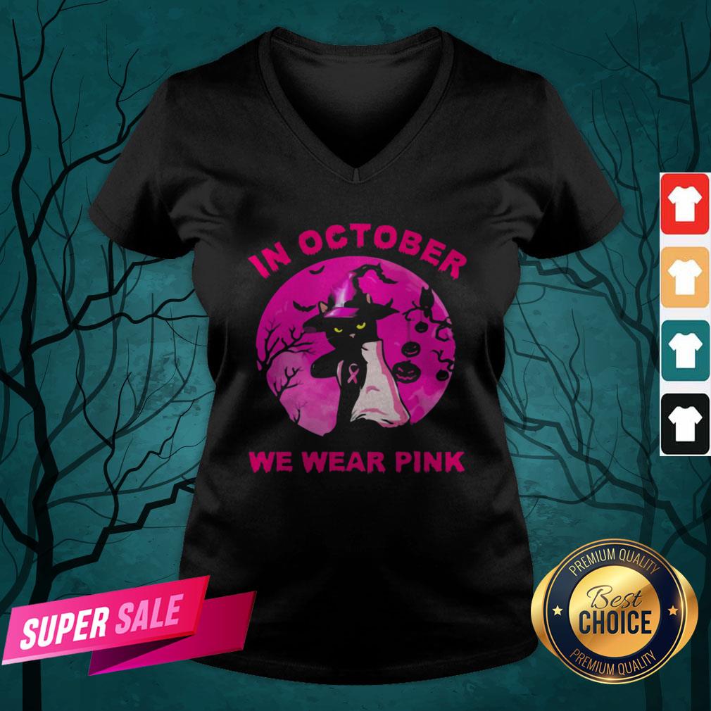 In October We Wear Pink Cat Moonlight Halloween Shirt - Image 4