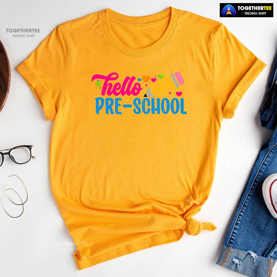 Hello Pre-school Preschool Student Pencil Colorful Hearts Back To School T-Shirt - Image 11