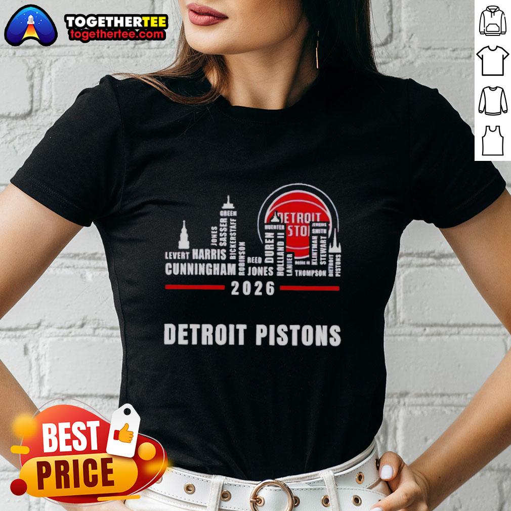 Pretty Detroit Pistons 2026 Greatest Of All Time Players City Skyline T-Shirt - Image 3