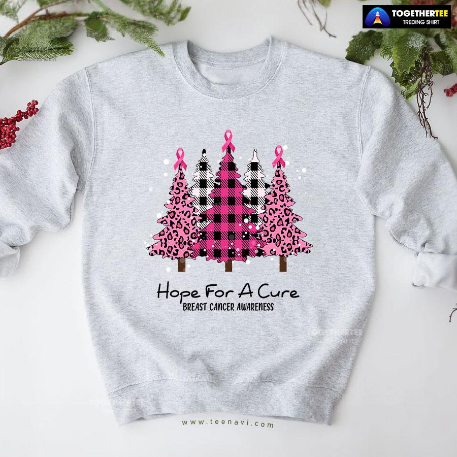 Hope For A Cure Breast Cancer Awareness Pink Ribbon Christmas Tree Sweatshirt - Image 4