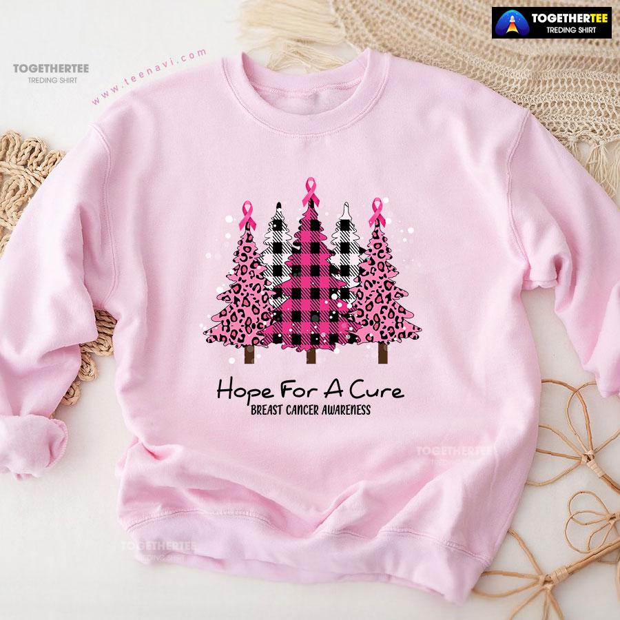 Hope For A Cure Breast Cancer Awareness Pink Ribbon Christmas Tree Sweatshirt - Image 5