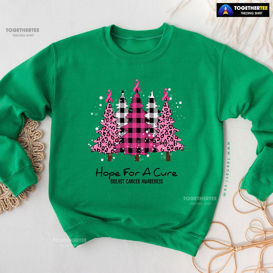 Hope For A Cure Breast Cancer Awareness Pink Ribbon Christmas Tree Sweatshirt - Image 7