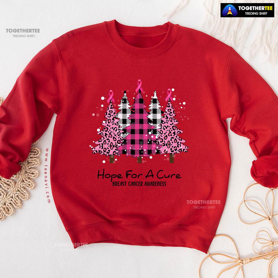 Hope For A Cure Breast Cancer Awareness Pink Ribbon Christmas Tree Sweatshirt - Image 8