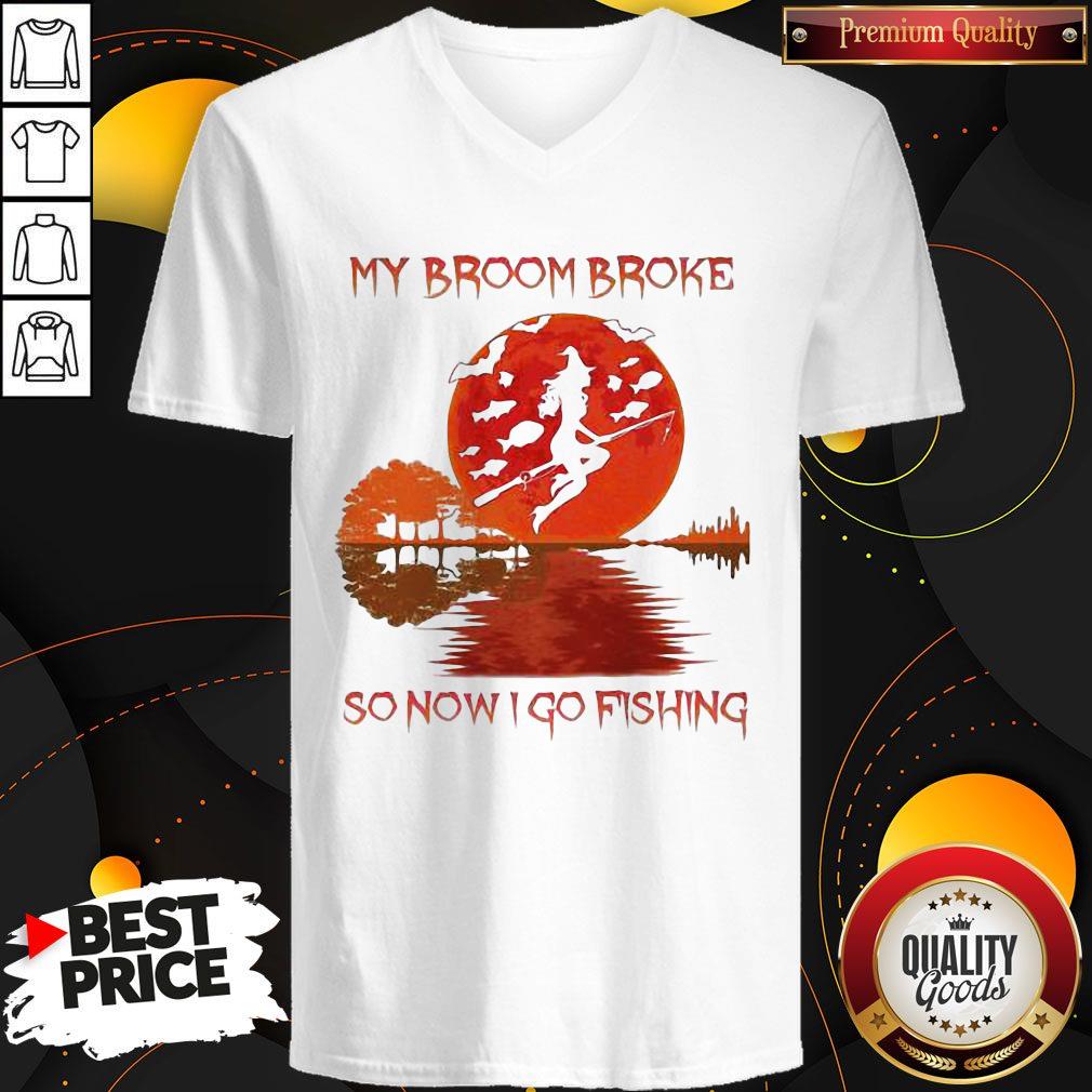 Perfect My Broom Broke So Now I Go Fishing Lady Sunset Shirt - Image 2